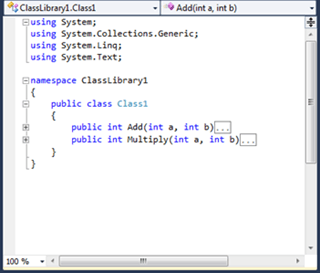 Visual Studio Express - תוצאה של צמצום חלקי קוד