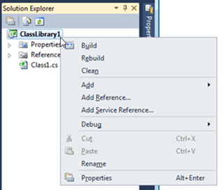 Visual Studio Express - תפריט האפשרויות בנווט הפתרון