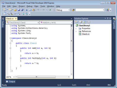 Visual Studio Express - מסך עורך הקוד